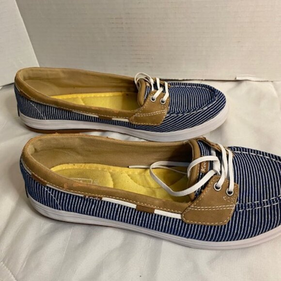 KEDS Tan Navy Blue White Striped Ortholite Canvas Loafer Boat Shoes, size 9.5 - Picture 3 of 6